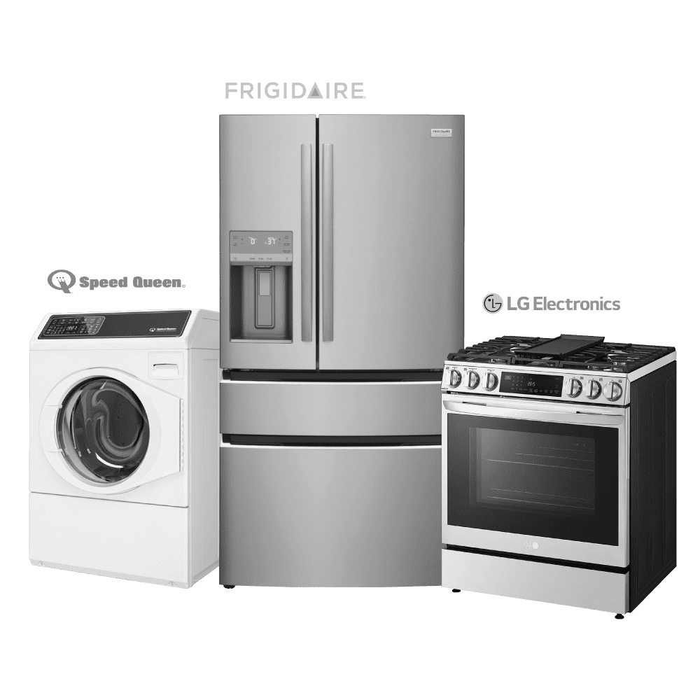 Appliance-Solutions-Ham-Lake-MN-Homepage-Service-Image stainless steel French door refrigerator next to a gas range and a white washing machine - Appliance Solutions