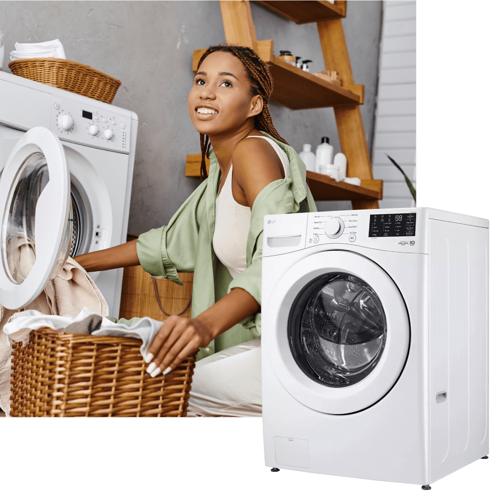 Appliance-Solutions-Ham-Lake-MN-Homepage-Testimonials-Image2 woman wearing a light green shirt removing clean laundry from a dryer- Appliance Solutions