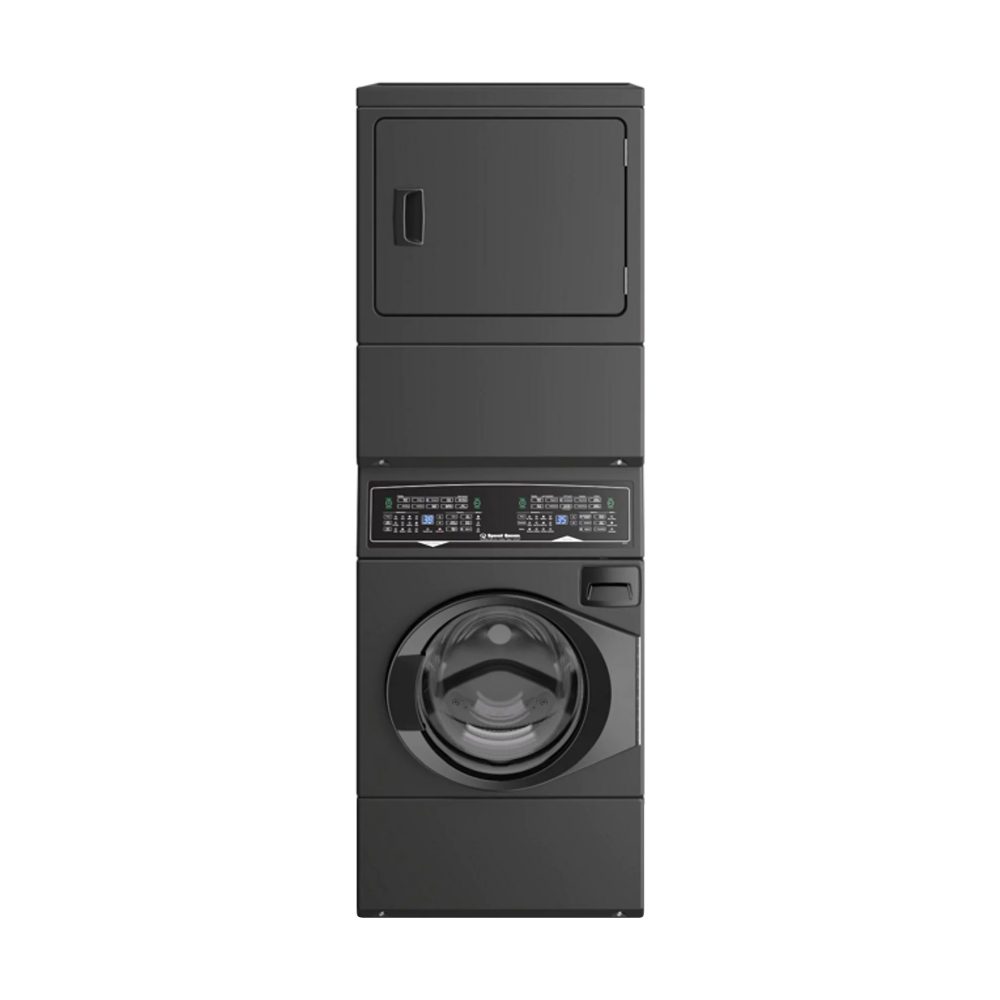 exterior of a matte black washer dryer set stacked on one another - Appliance Solutions